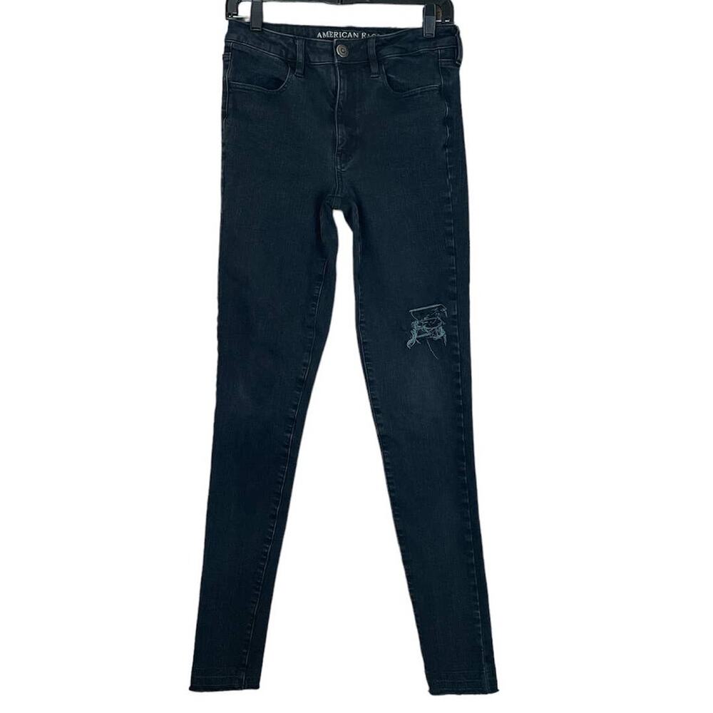 American Eagle Super Hi Rise Jeggings Destroyed Black Jeans Size 6 XL X-Long